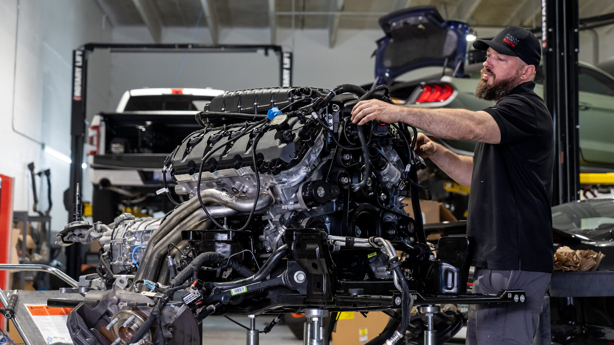 Supercharged engine bay build in progress at Palm Beach Dyno