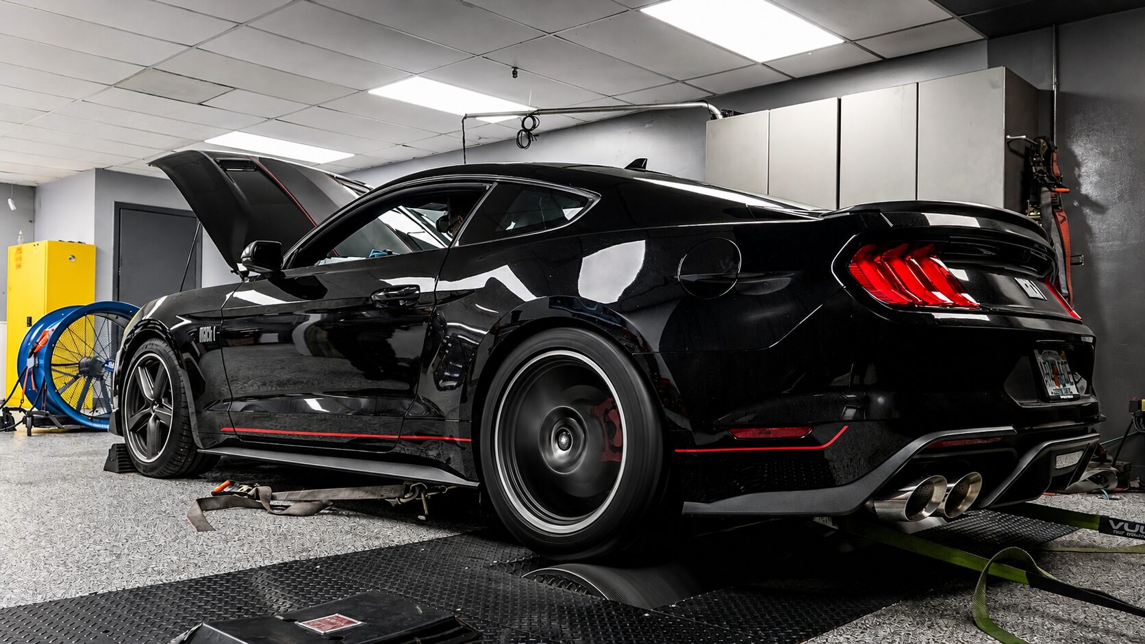 Mustang Mach 1 strapped down on the Palm Beach Dyno dyno