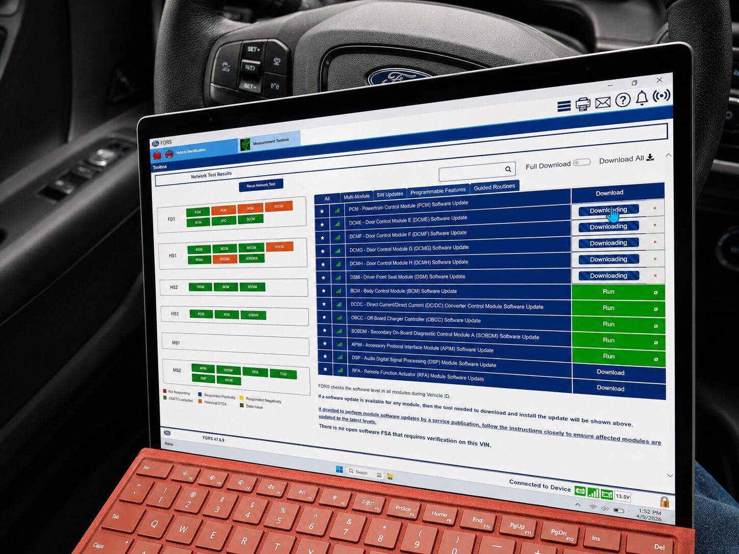 Ford factory diagnostic software (FDRS) running on a laptop