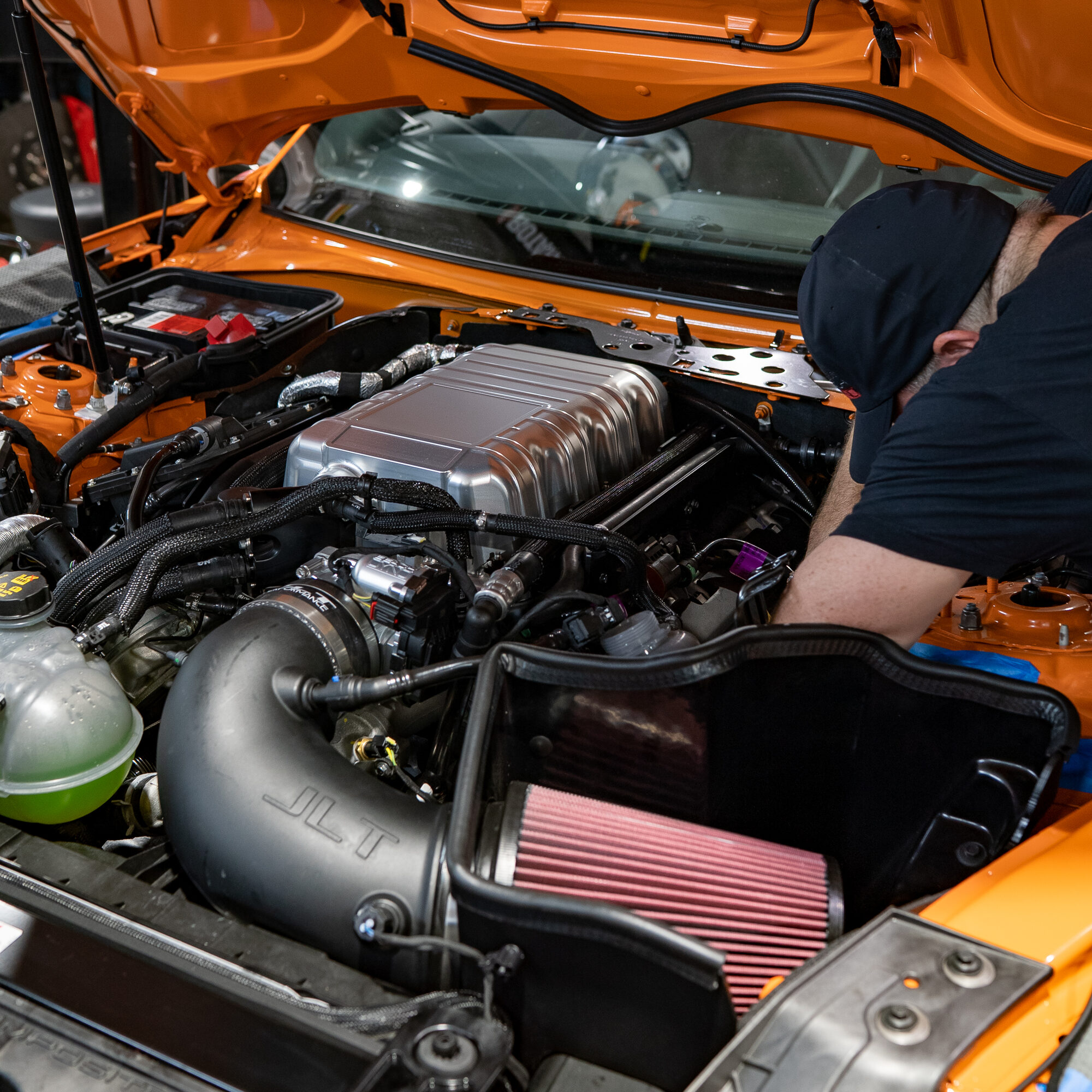 Supercharger installation in progress at Palm Beach Dyno