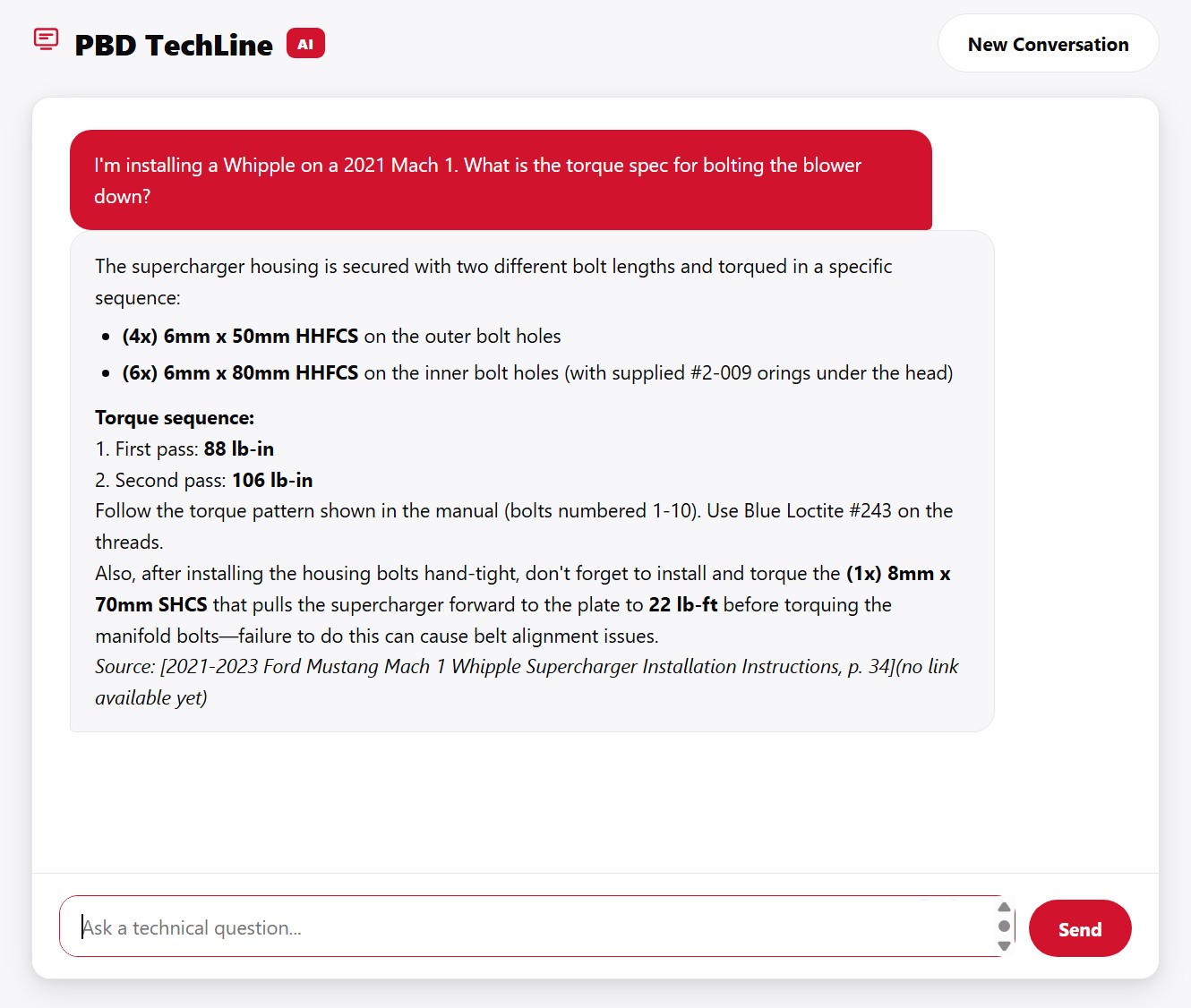 PBD TechLine AI answering a technical question about Whipple supercharger torque specs